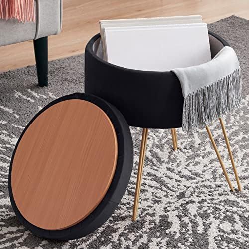 Amazon.com: Ornavo Home Modern Round Velvet Storage Ottoman Foot Rest Vanity Stool/Seat with Gold... | Amazon (US)