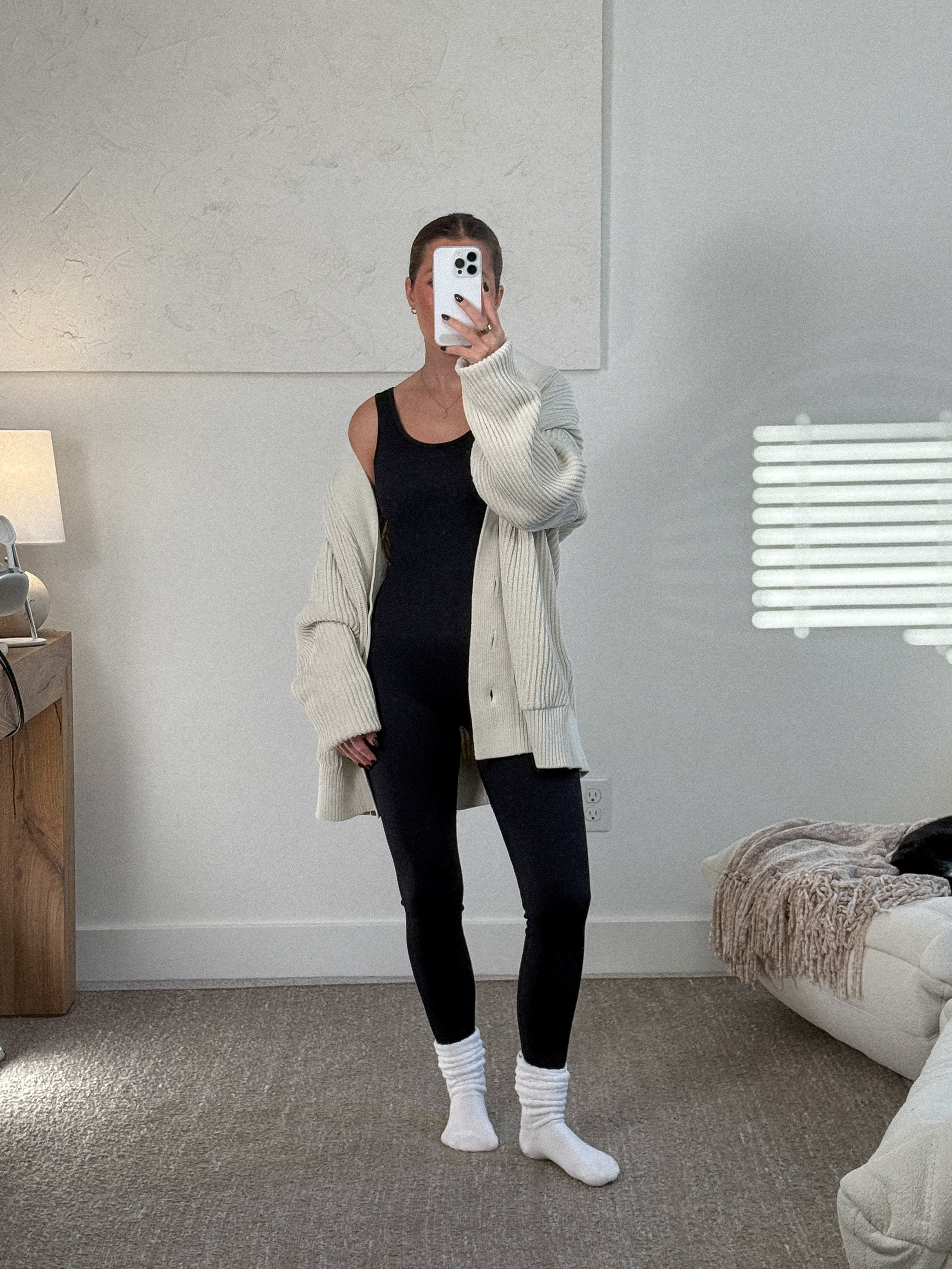 Casual outfit, cozy outfit, comfy outfit, at home outfits, leggings, jumpsuit, slouchy socks, cardigan, oversized cardigan

#LTKSeasonal #LTKHoliday