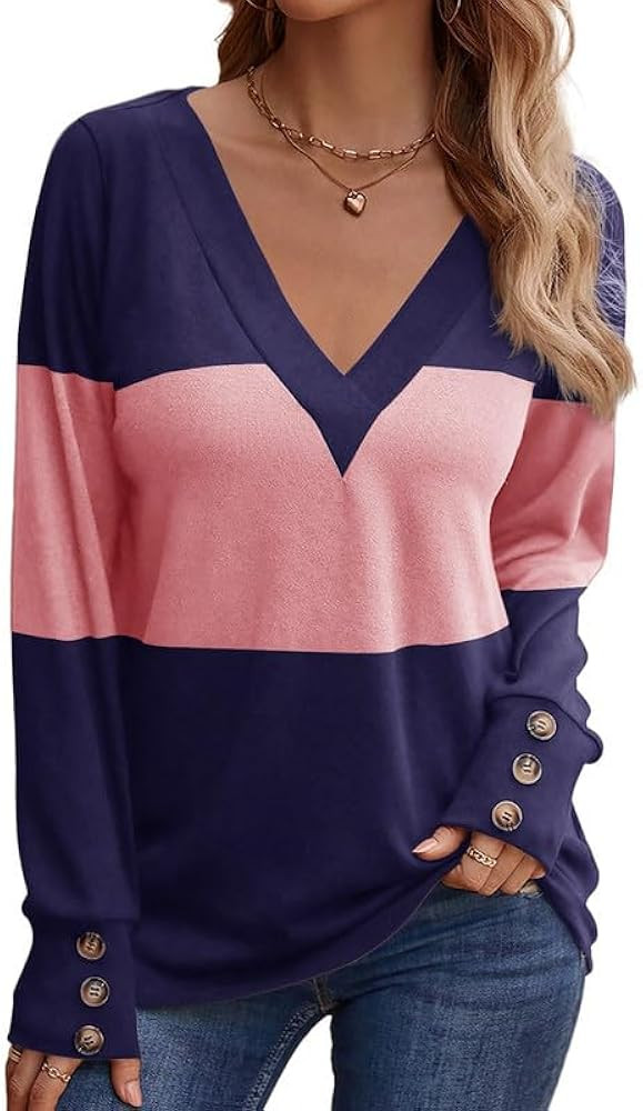 Dokotoo Womens Tops Color Block Long Sleeve Shirts V Neck Casual Loose Fit T Shirts Fall Tops Out... | Amazon (US)