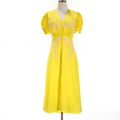 Saloni NWD Dotty Stamped Satin Midi Dress Size 2 US in Bright Yellow/Pink Silk | eBay US