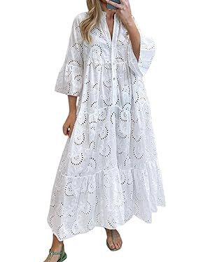 Women Eyelet Dress Boho Maxi Dress Elegant Lace Hollow Dress Summer V Neck Bell Sleeve Ruffle Cas... | Amazon (US)