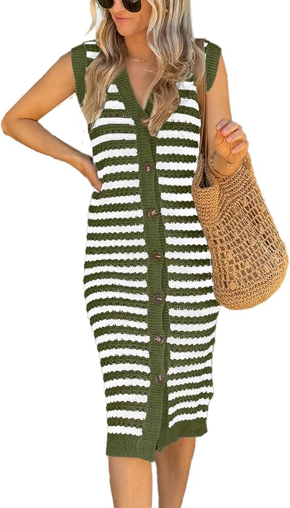 BLENCOT Women's V Neck Striped Sweater Tank Dress Causal Sleeveless Button Cardigan Midi Cover Up... | Amazon (US)