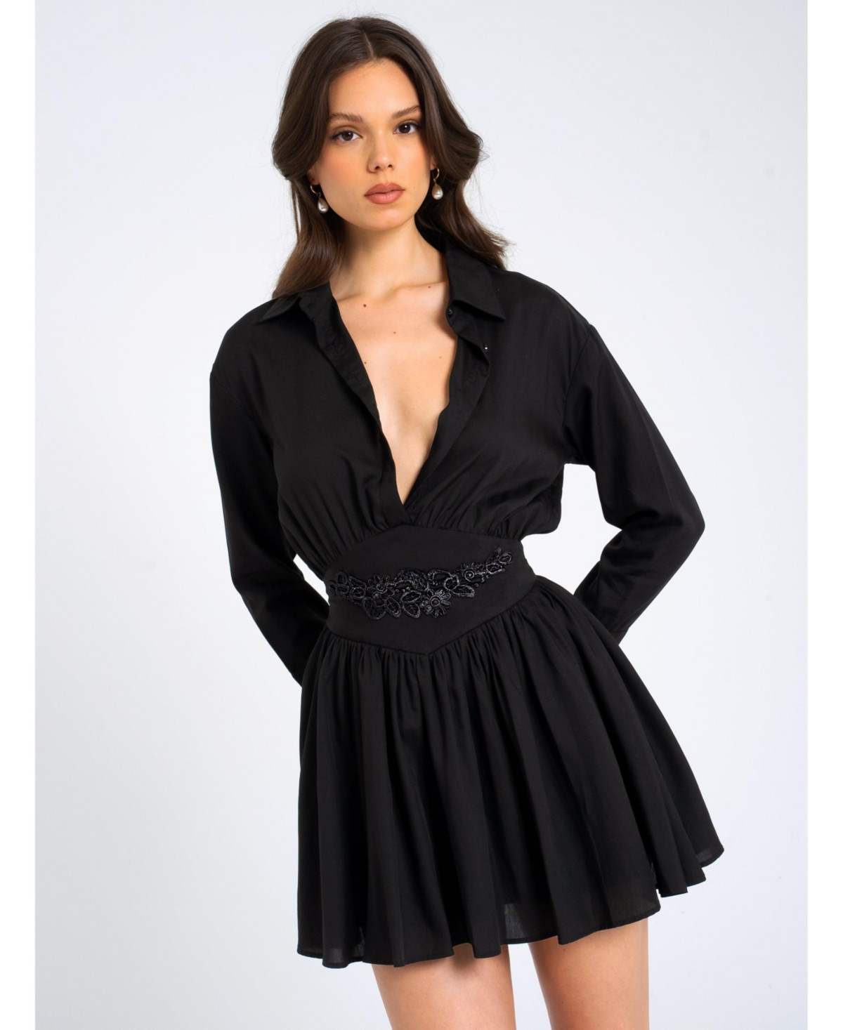 Miss Circle Women's Jamila Black Shirt Mini Dress with Embroidered Waist Detail - Black | Macy's