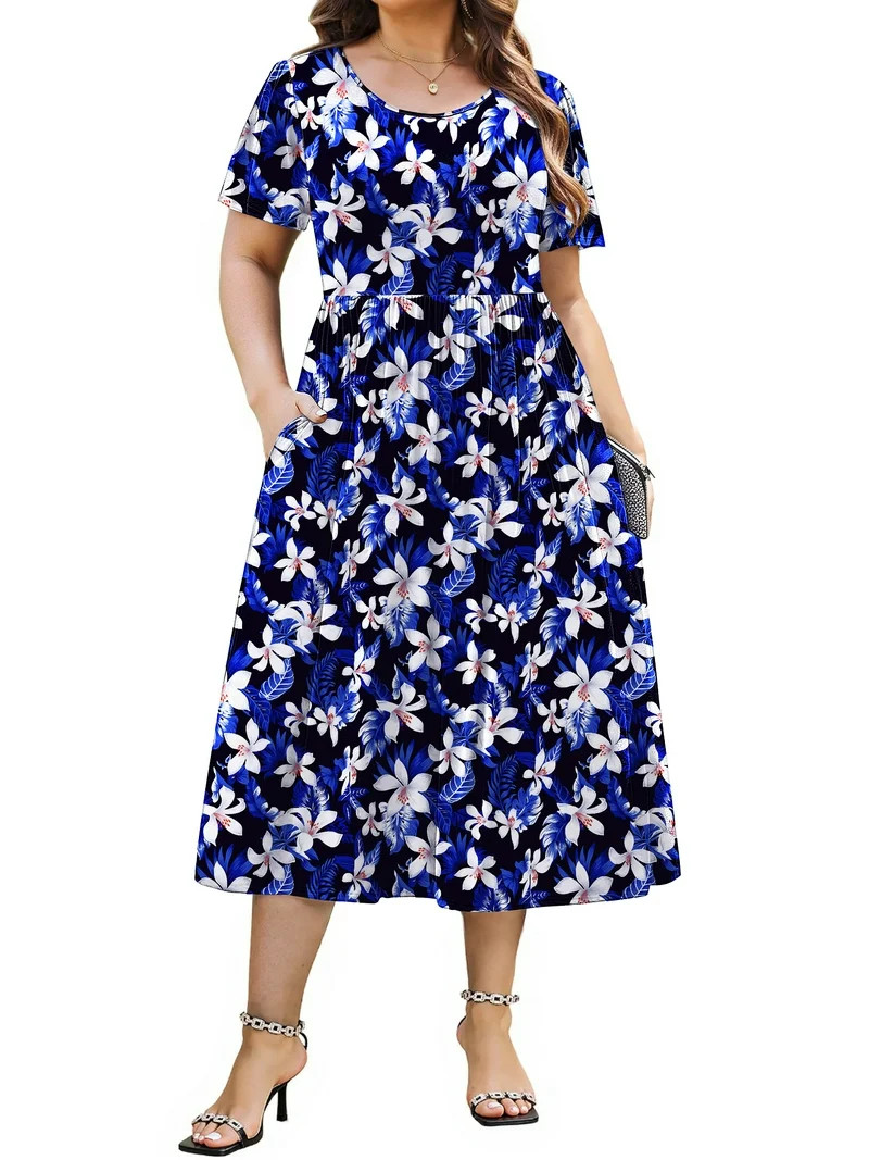 WellSize Plus Size Women Summer Dresses Casual Crew Neck Short Sleeve Sundresses Floral Midi Dres... | Walmart (US)