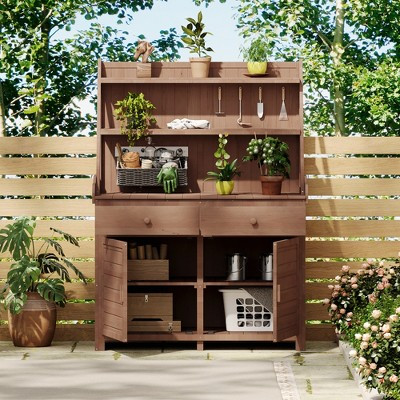 47”W Garden Potting Bench Table, Outdoor Patio Workstation with Storage Shelves, Drawers and Cabinet, Fir Wood Frame, Brown -ModernLuxe | Target