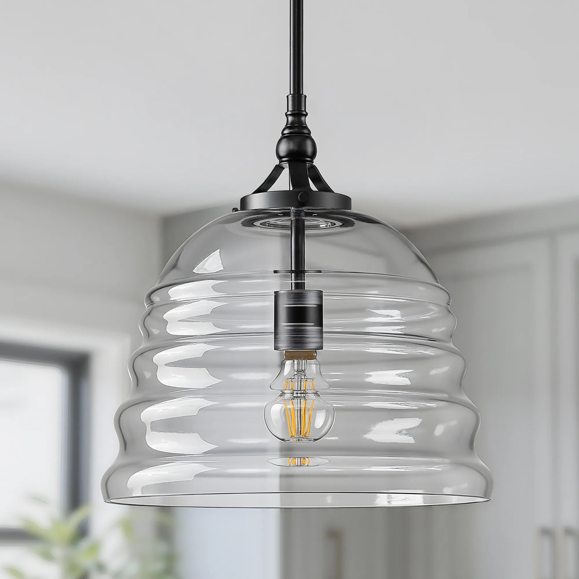 KAISITE 1-Light 40W Height Adjustable Hanging Modern Matte Black Kitchen Island Pendant Light With Clear Fluted Dome Glass Shade | 8218PL-01BK-US | Lowe's