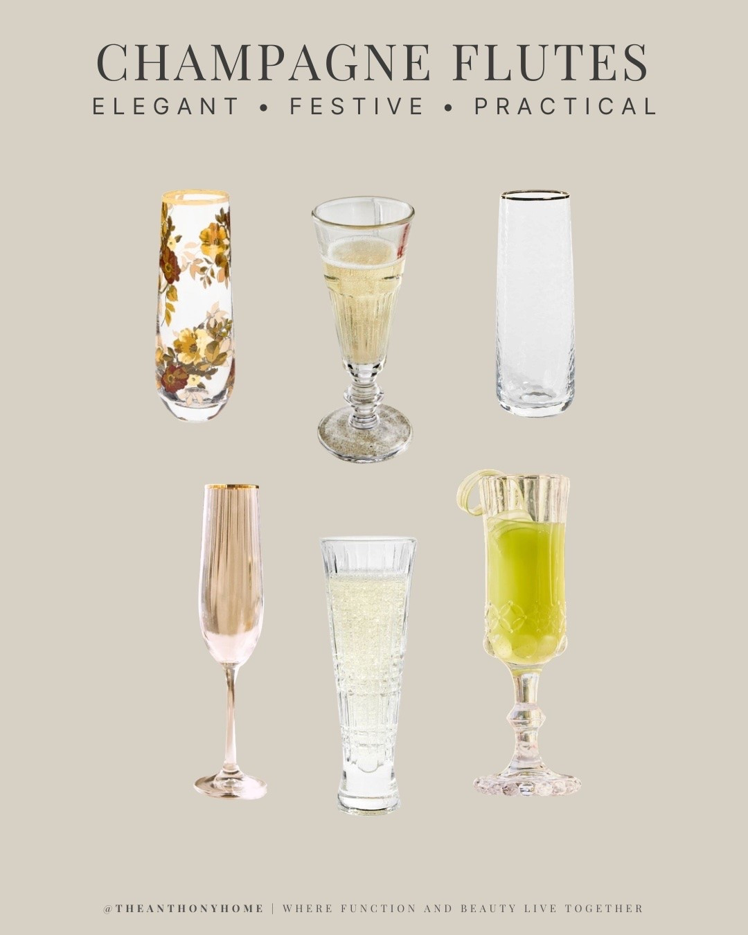 Champagne flutes for celebrations, brunches, sparkling cocktails, and festive mocktails. I love glassware that feels elegant without being too delicate to actually use. 

Some of my collection has been gathered over many years of hosting and secondhand shopping, so I linked exact matches where available and the closest lookalikes for the rest.

#LTKHome