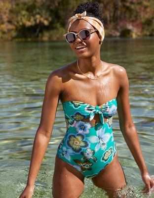 Aerie Printed Tie Bandeau One Piece Swimsuit | American Eagle Outfitters (US & CA)