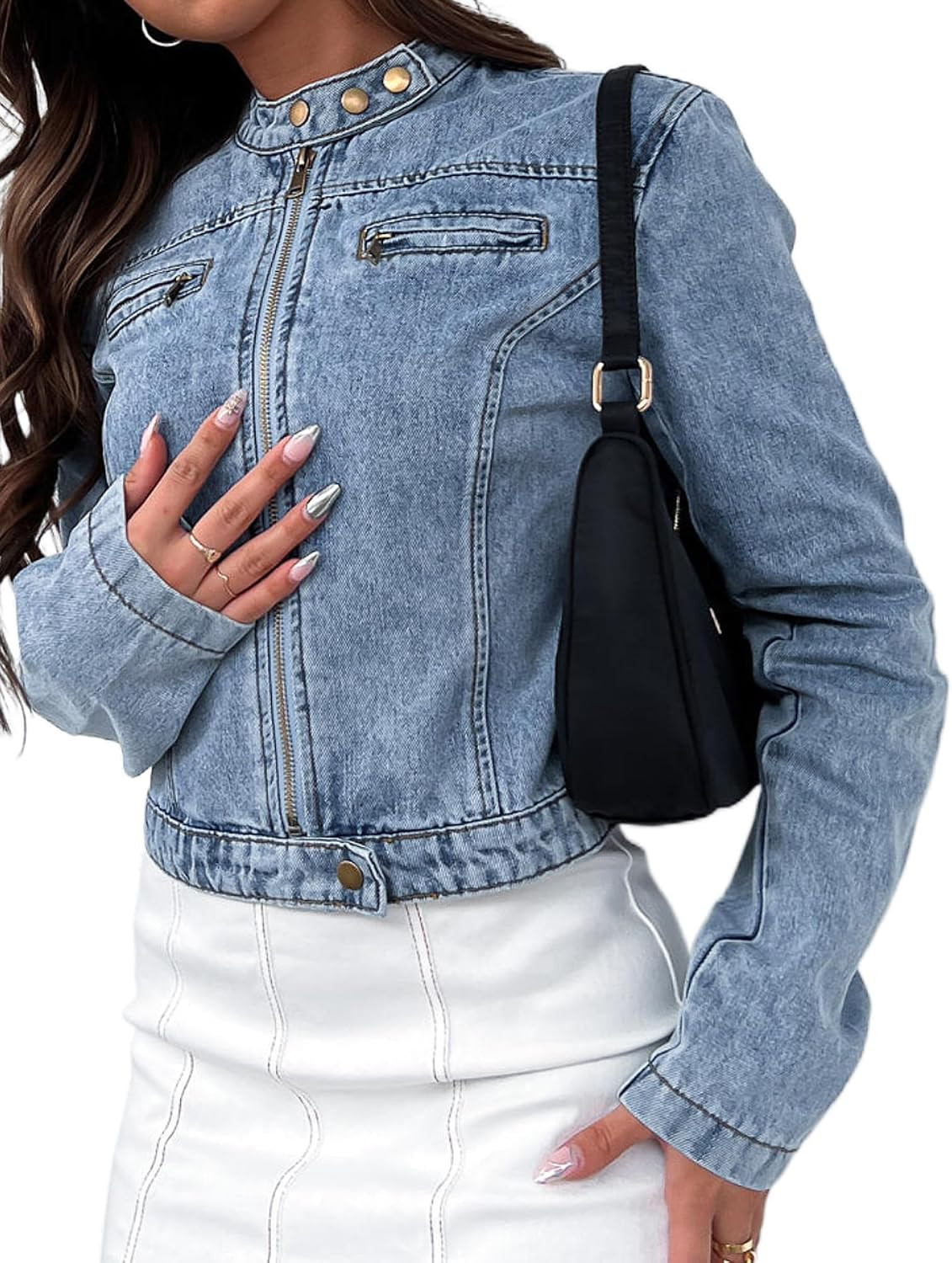 Women's Stretchy Cropped Jean Jacket Zip Front Motorcycle Short Light Wash Denim Jacket | Amazon (US)