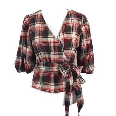 H&M Plaid Wrap Over Blouse Puff Sleeve Shirt Black Red Check Top Size 2 XS  | eBay | eBay US