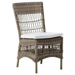 Sienna Coastal White Canvas Cushion Brown Faux Rattan Woven Outdoor Dining Chair | Kathy Kuo Home