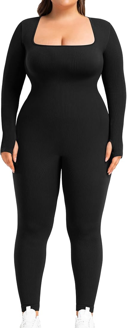BLEVONH Women's Yoga Jumpsuits Ribbed Workout Rompers Square Neck Long Sleeve Bodysuits Full Leng... | Amazon (US)