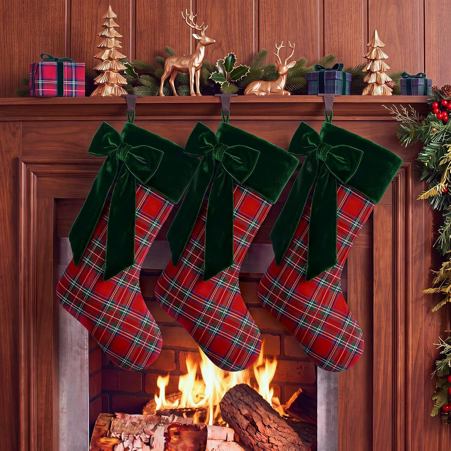 Thiccywoov 3 Pack Tartan Plaid Christmas Stockings 20'', Red, Green | Amazon (US)