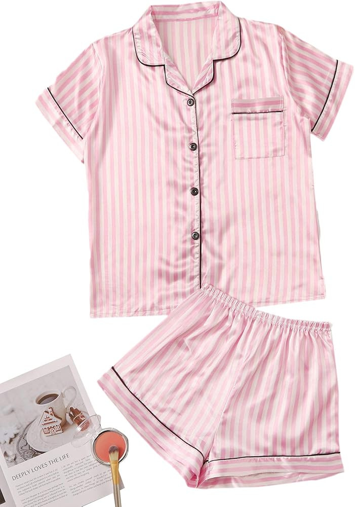 Women's 2 Piece Satin Striped Notched Collar Button Front Short Pajama Set | Amazon (US)
