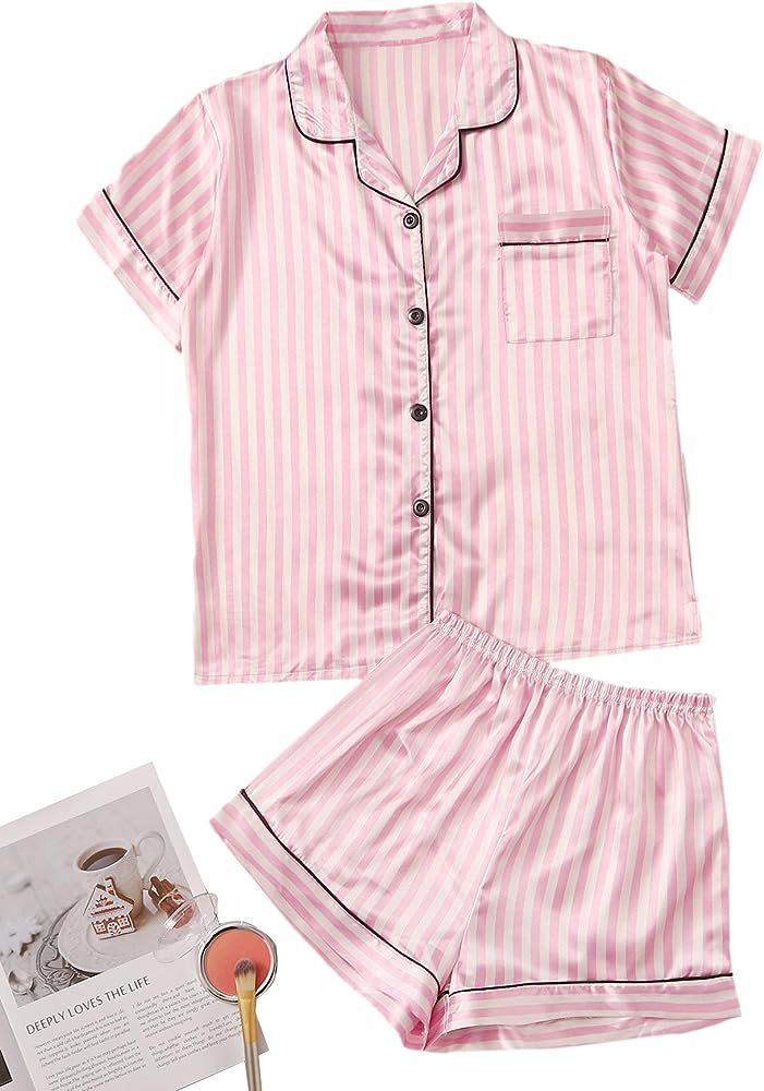 Women's 2 Piece Satin Striped Notched Collar Button Front Short Pajama Set | Amazon (US)