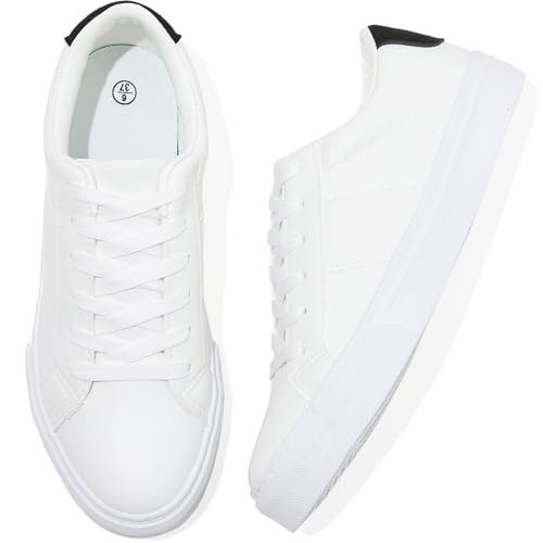 Adokoo Women's Fashion Sneakers PU Leather Casual Shoes White Black Tennis Low Top Shoes Womens Lace Up Sneakers(White Black,US10.5) | Amazon (US)