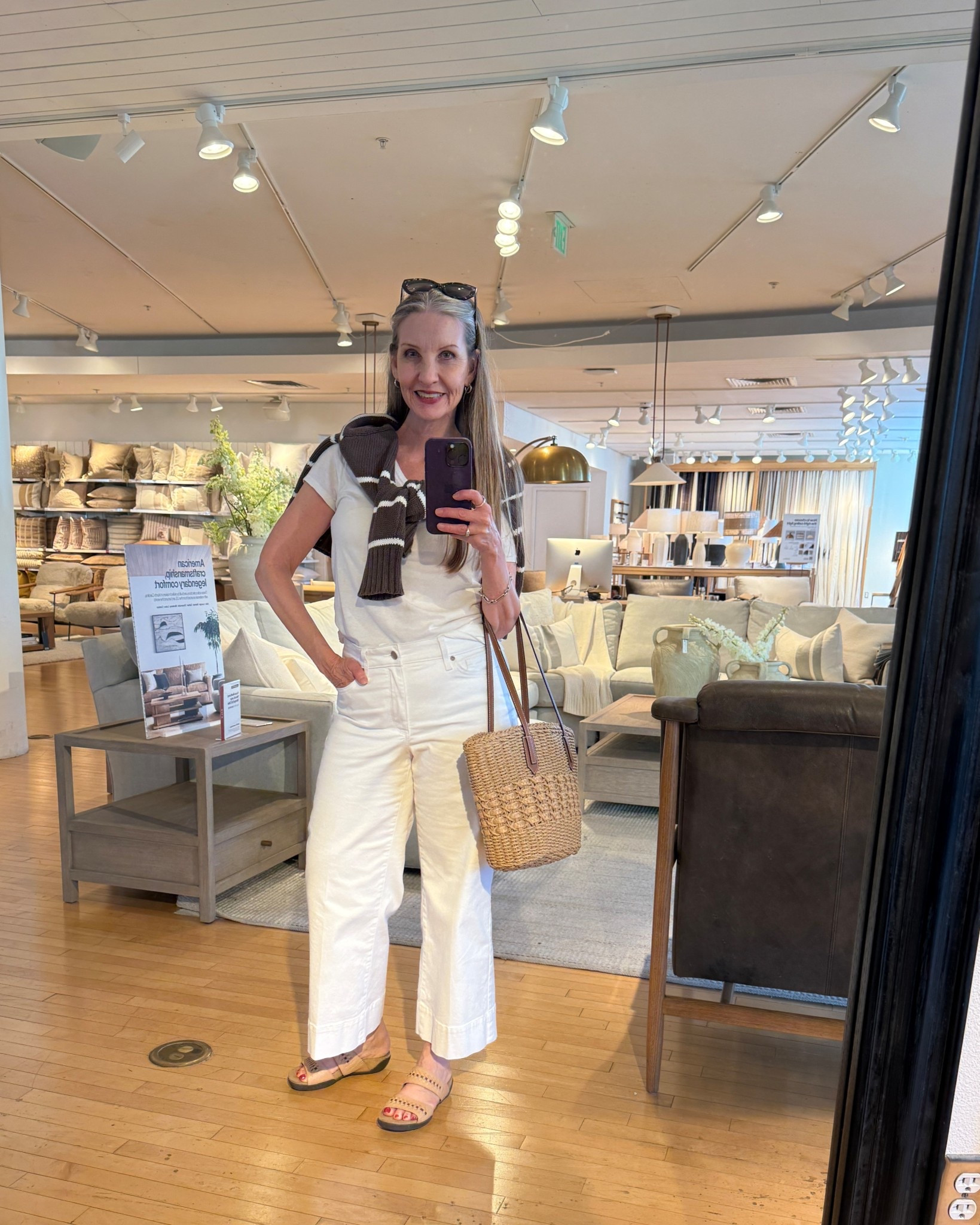 Quick selfie in the mirror at Crate & Barrel. 😊 Size down one side on the white jeans.  #reallifestyle #casualootd #springootd #midsizestyle

#LTKOver40 #LTKdayinmylife #LTKMidsize