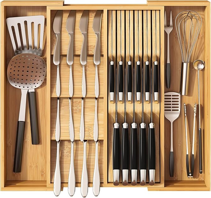 In-Drawer Knife Block Organizer,Bamboo Drawer Organizer,Protecting Knife Organizer Block Holds Up... | Amazon (US)