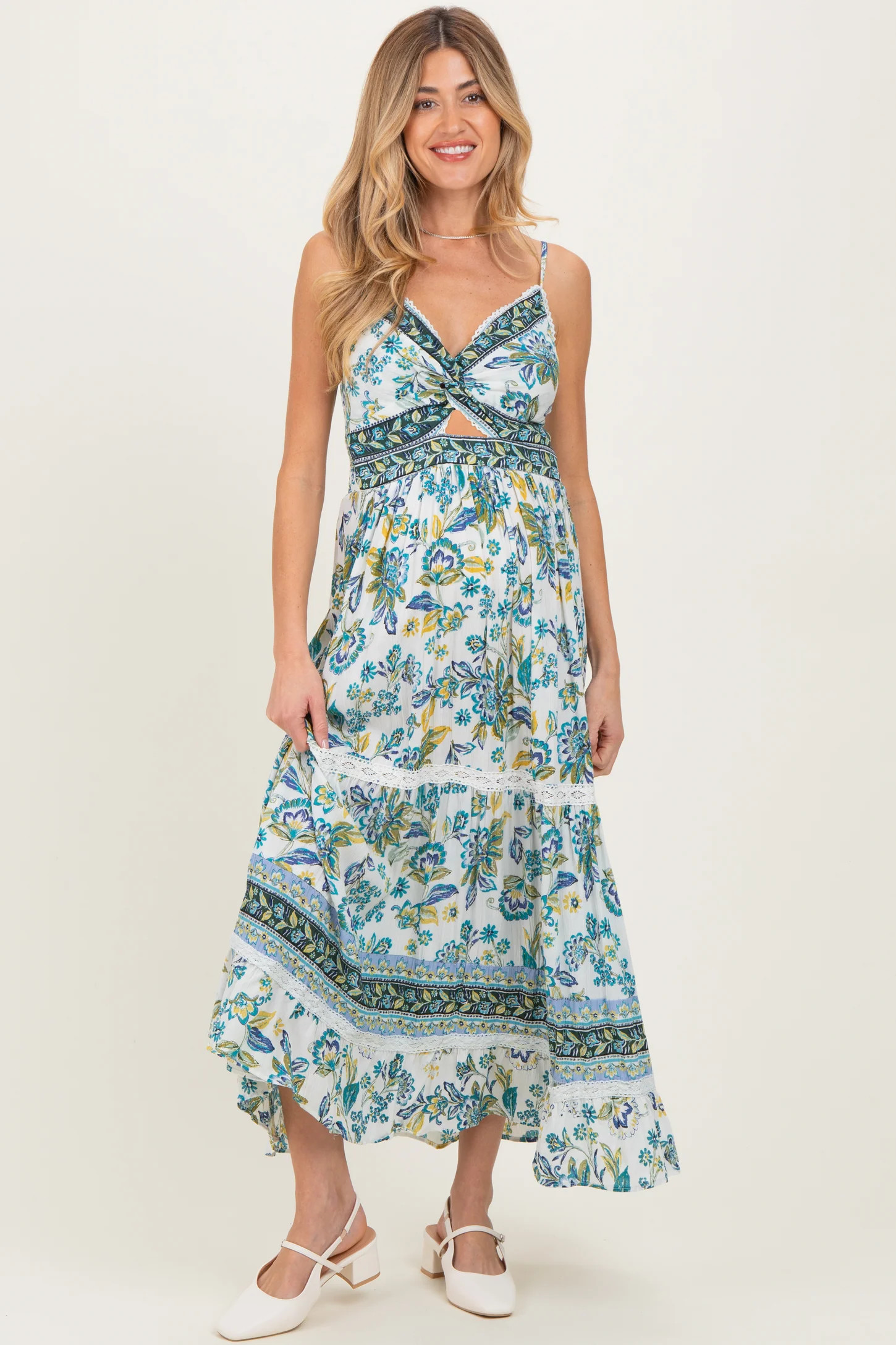 Ivory Floral Twisted Front Lace Detail Maternity Maxi Dress | PinkBlush Maternity