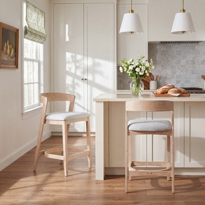 Christopher Knight Home Lian Mid-century Modern Rubberwood Upholstered Counter Stools with Curved Backrest (Set of 2), Natural | Target