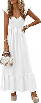 PRETTYGARDEN Women's 2026 Summer Casual Maxi Dresses Cap Sleeve V Neck Smocked Long Pockets Party... | Amazon (US)