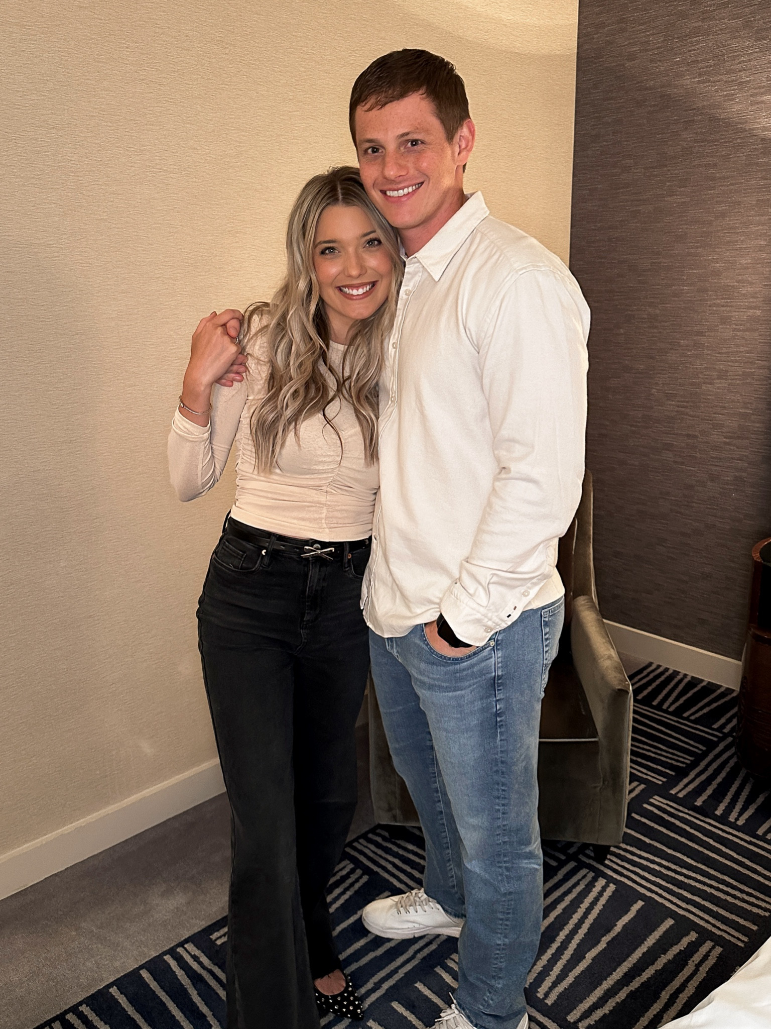 Date night outfit! 
Shirt, true to size 
Black jeans from nord, linking similar 
Brandon’s button up is Hugo Boss (sized up to xl for looser fit) 

(Date night outfit, parents night out, dress up, shoes, on sale, white sneakers, black pointed flats, trendy, Nordstrom, Nordstrom rack, ag jeans, men’s style, men’s fashion, target finds, belt, winter fashion, fall fashion, style) 

#LTKShoeCrush #LTKFindsUnder100 #LTKStyleTip