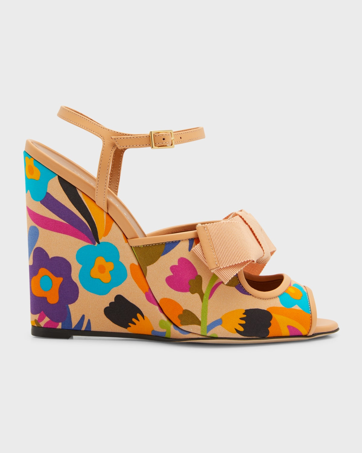 Floral Bow Wedge Ankle-Strap Sandals | Neiman Marcus