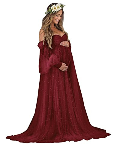 PRESEOSSA Pearl Tulle Maternity Dress Puffy Sheer Pregnancy Dressing Gown Off Shoulder Wedding Scarf for Baby Shower Burgundy X-Large | Amazon (US)