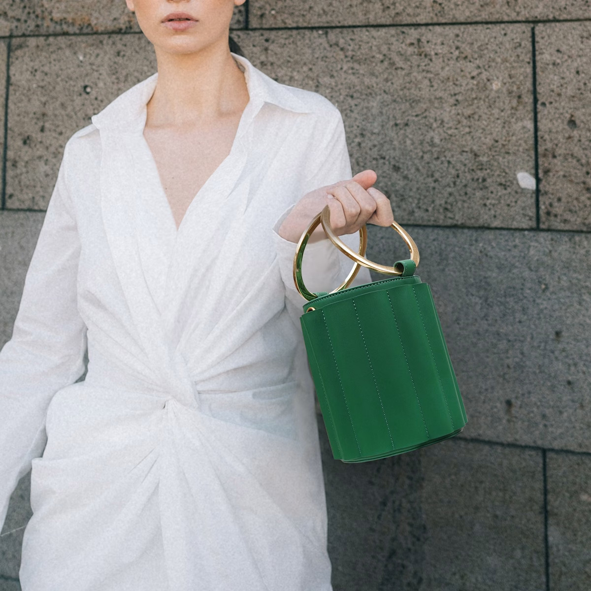 Water Metal Handle Small Bucket Bag - Green | Wolf & Badger