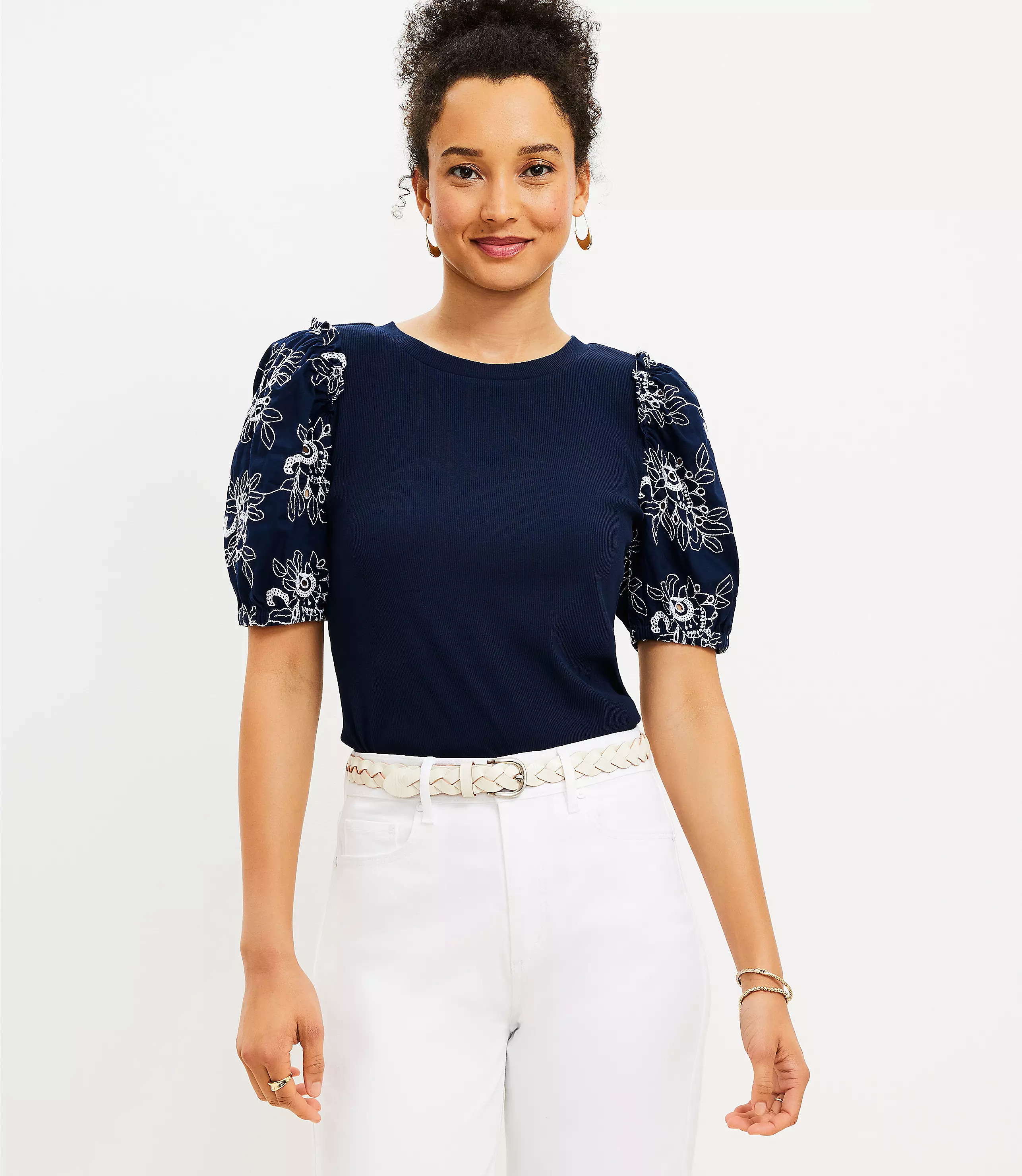 Eyelet Smocked Bubble Sleeve Top | LOFT