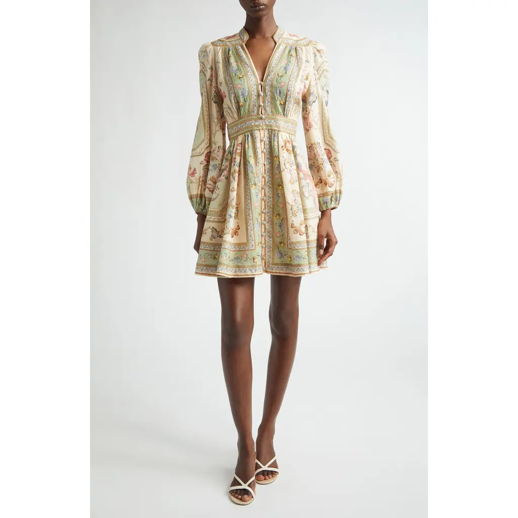 Zimmermann Roselight Print Long Sleeve Linen Minidress in Sage Tapestry Floral at Nordstrom, Size 0 | Nordstrom