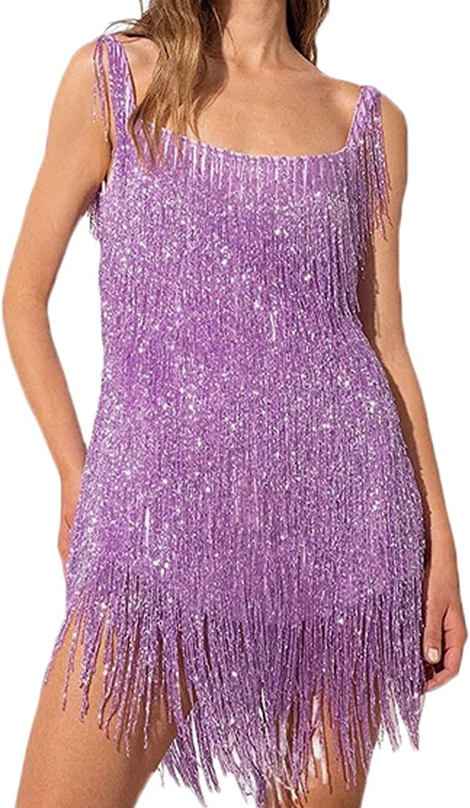 FULA-bao Women's Fashion Sexy Sleeveless Halter Neck Tassel Fringe Sparkly Party Dress Cocktail E... | Amazon (US)