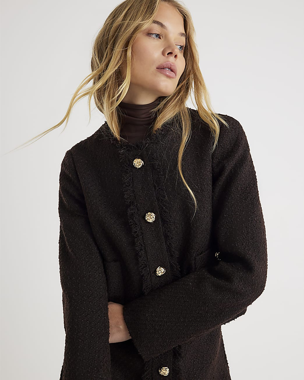 Brown Boucle Button Up Jacket | River Island UK & IE