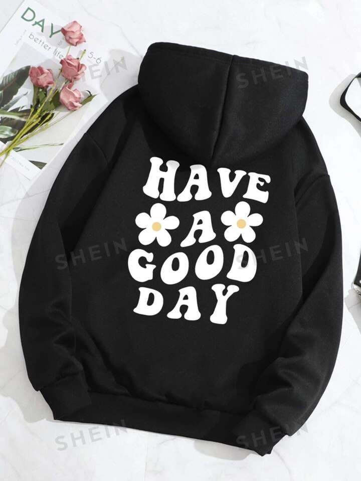 SHEIN Qutie Plus Floral & Slogan Graphic Drawstring Thermal Lined Hoodie | SHEIN