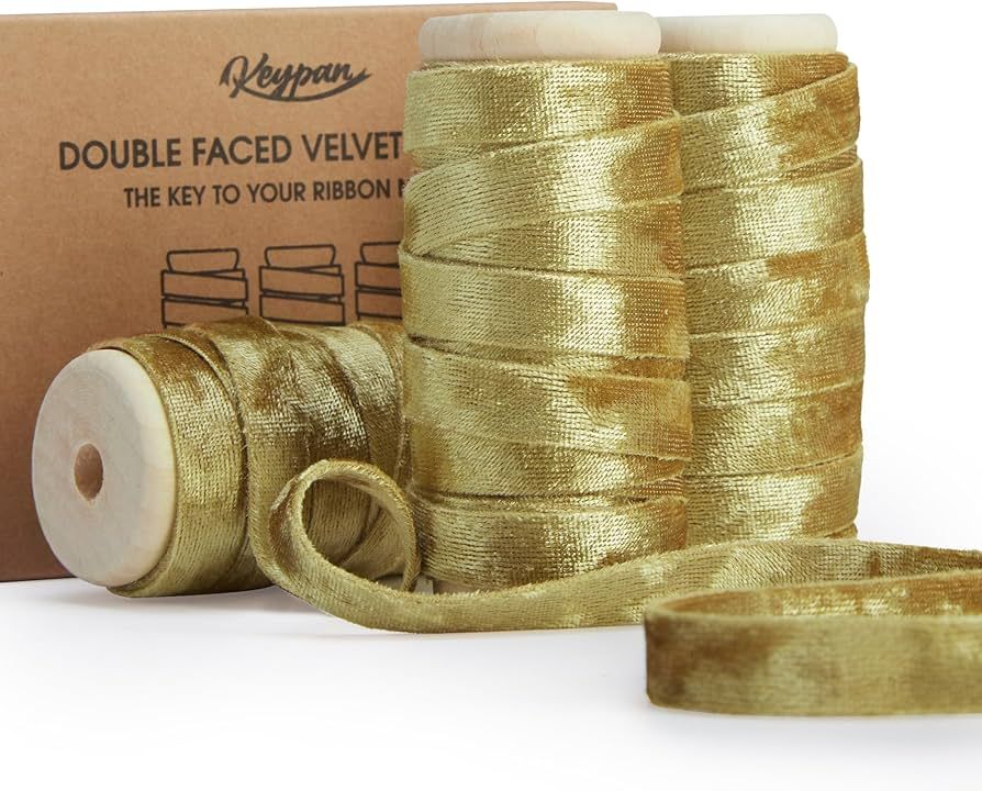 Keypan Gold Velvet Ribbon Double-Sided Handmade Glossy Fabric Trim Wooden Spool Thin Ribbon for C... | Amazon (US)