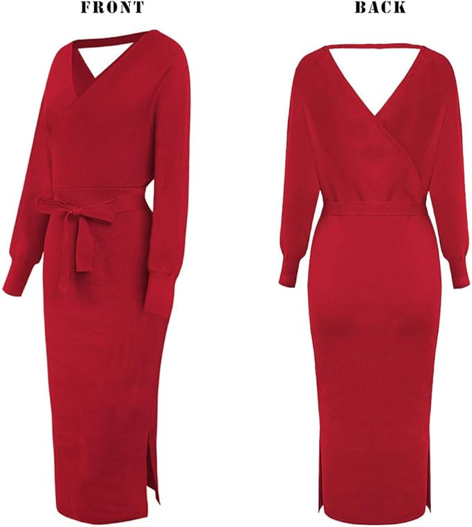 Viottiset Women's V Neck Long Batwing Sleeve Wrap Midi Knit Sweater Dress Elegant Backless with B... | Amazon (US)