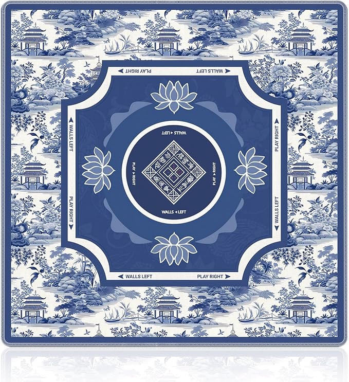 Blue and White Chinoiserie Mahjong Mat 31.5 x 31.5 in, Vintage Oriental Chinese Pagoda Temple Ant... | Amazon (US)