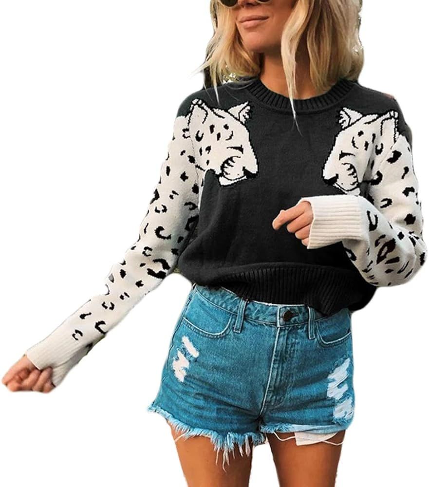 Women's Fall Sweaters Casual Cute Leopard Print Long Sleeves Knit Cropped Sweater Pullover Tops | Amazon (US)