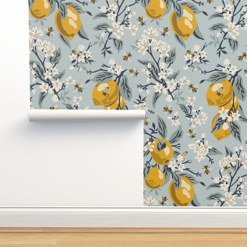 Bees & Lemons - Large - Blue (original colors) Wallpaper byfernlesliestudio | Spoonflower