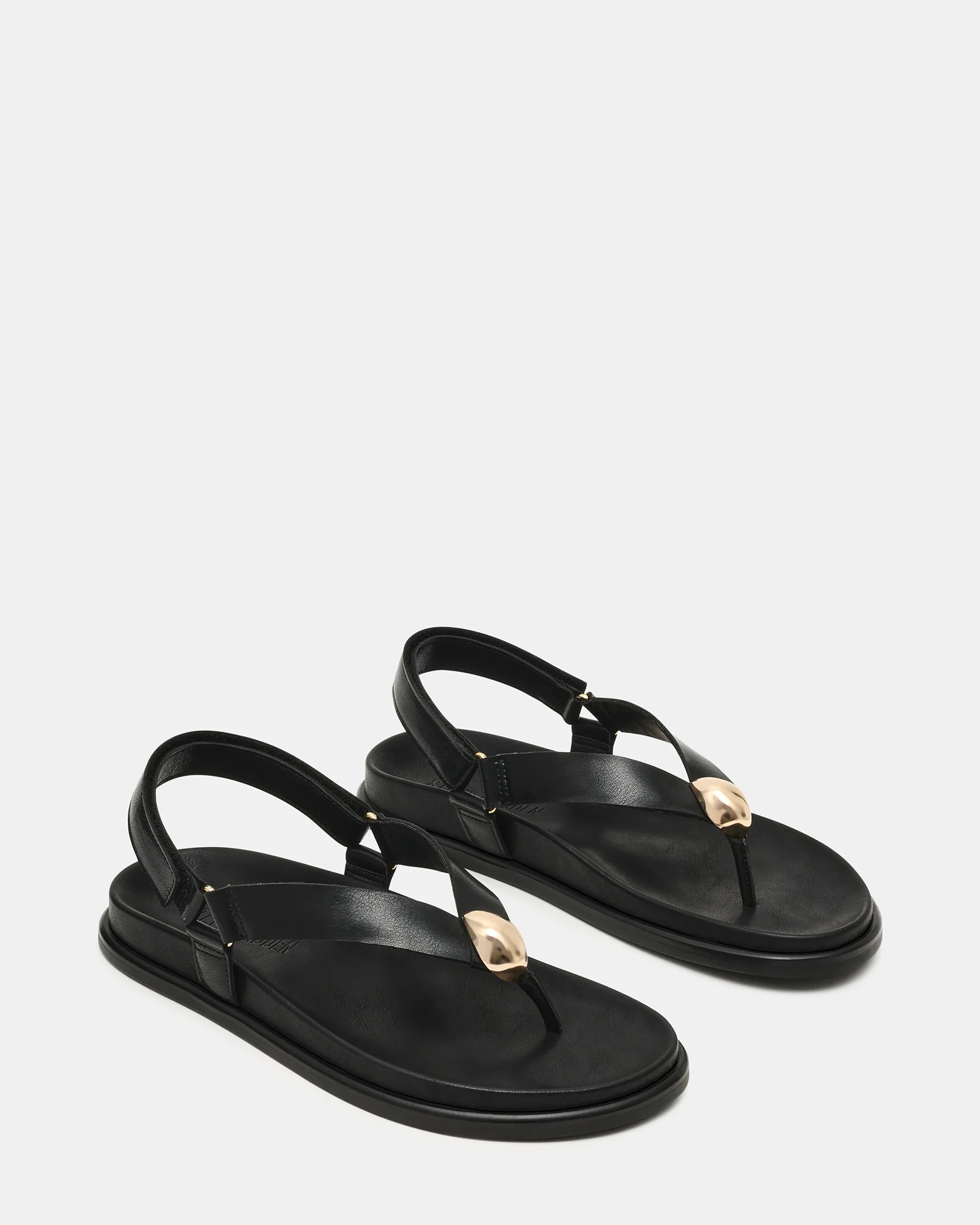ELVIA Black Leather Thong Gold-Detail Slingback Footbed Women's Sandal | Steve Madden (US)