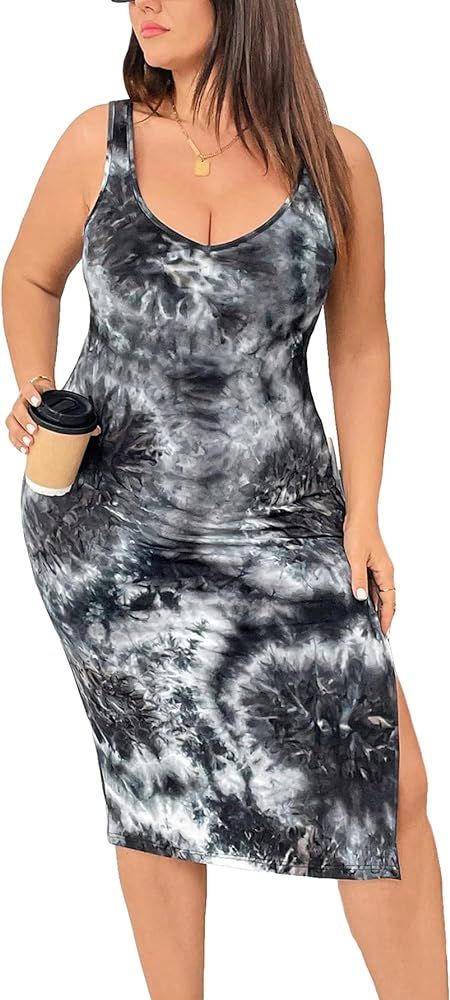 SOLY HUX Women's Plus Size Tie Dye Bodycon Tank Dress Sleeveless Split Thigh Summer Vacation Midi... | Amazon (US)