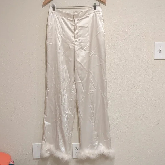 Forever 21 White Satin Pants With Feathered Bottom Fringe Size Medium | Poshmark