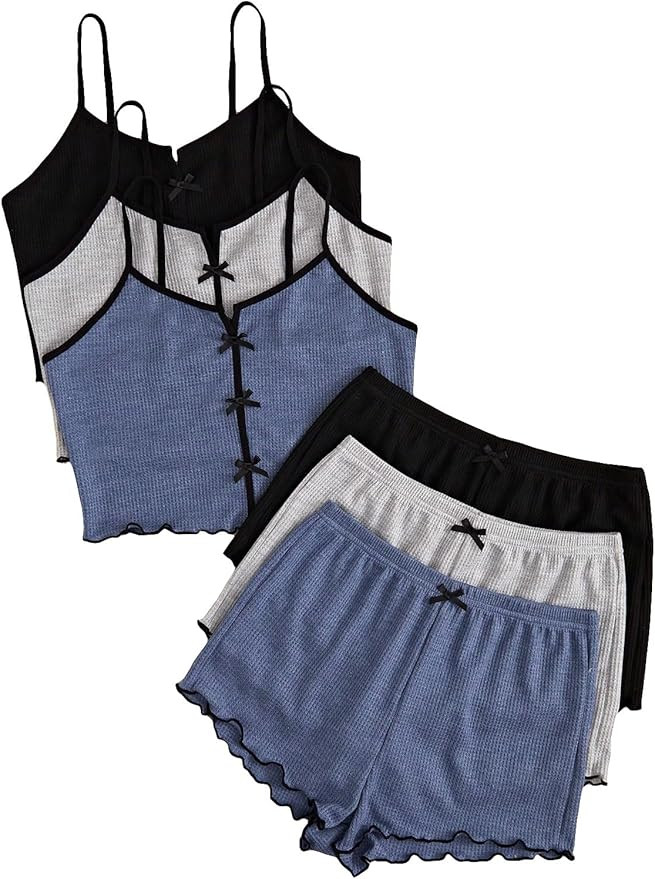 SOLY HUX Women's 3 Sets Pajamas Lounge Sets Cute Bow Front Crop Cami Tops and Shorts PJs Sleepwea... | Amazon (US)