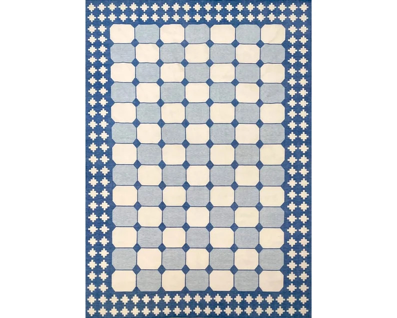 Custom Modern Handmade Cotton Area Rug Natural Vegetable Dyed Blue White Checked Indian Dhurrie R... | Etsy (US)