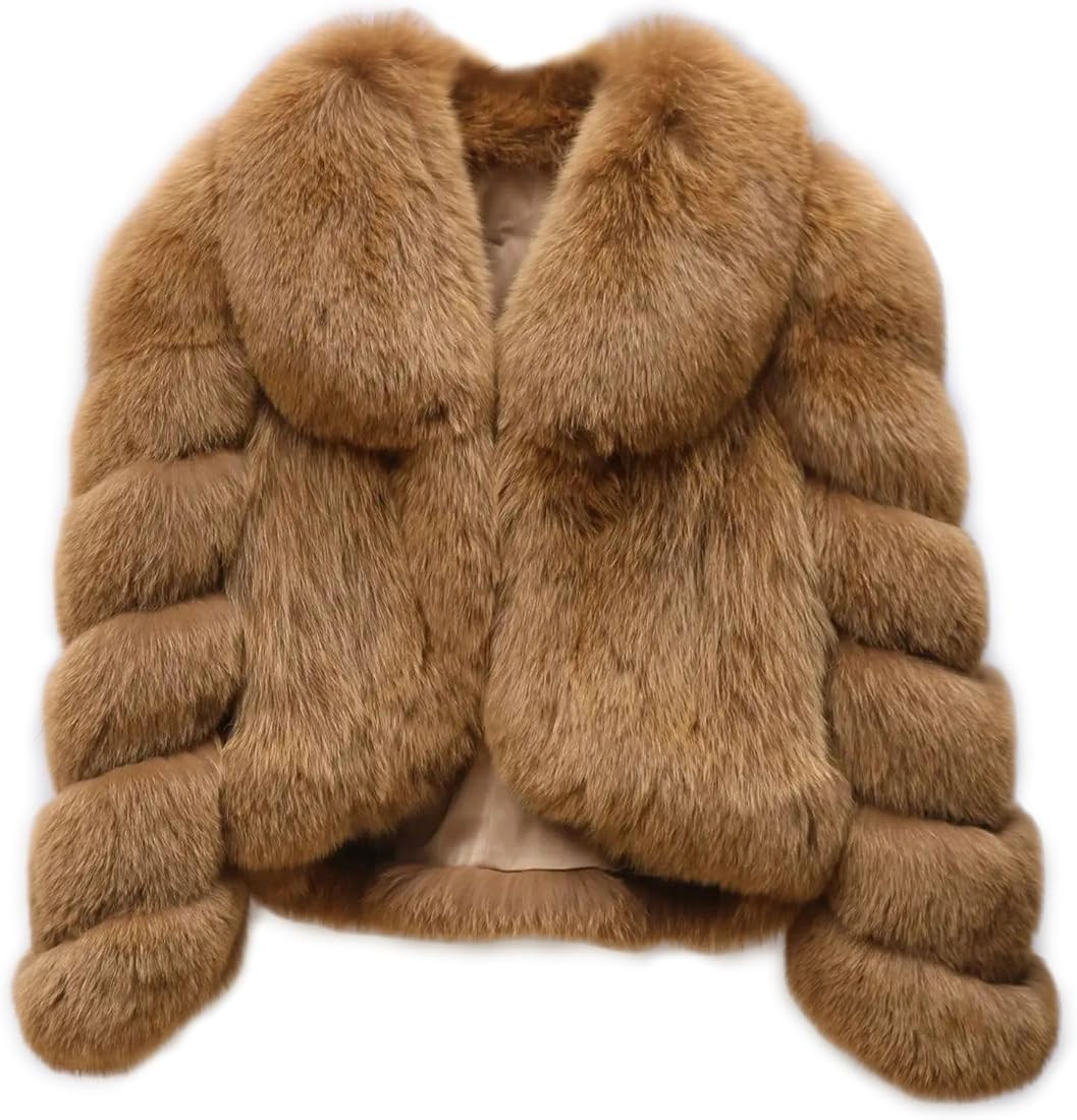 Genuine Real Fox Fur Jacket Women Winter Warm Natural Fox Fur Turn-Down Collar Cropped Coat | Amazon (US)