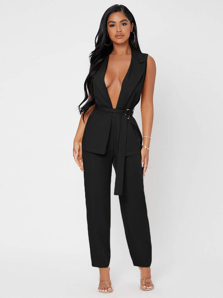 SHEIN PETITE Solid Lapel Neck Belted Blazer & Pants Set | SHEIN
