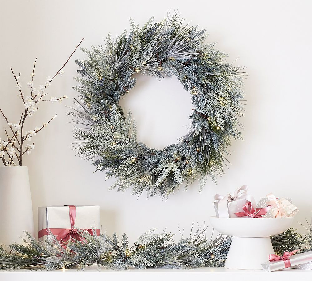 Lit Faux Flocked Pine Wreath & Garland | Pottery Barn (US)