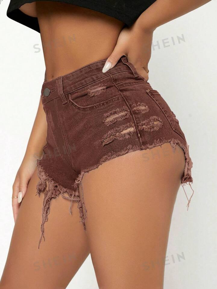 SHEIN PETITE Ladies" Solid Color Simple And Concise Fringed Denim Shorts | SHEIN