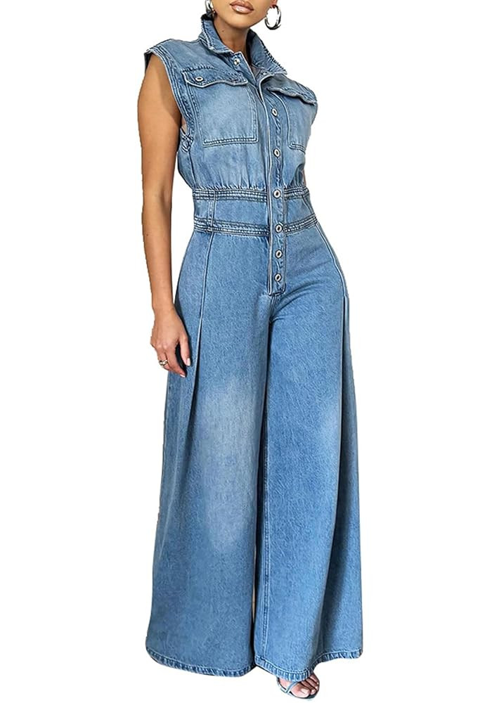 Tbahhir Women's Denim Jumsuits Sleeveless High Waisted Wide Leg Jean Rompers Pockets Overalls Jum... | Amazon (US)