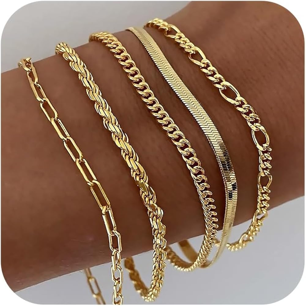 DEARMAY Gold Bracelets - Real 14K Women's Cute Tennis Cubic Beaded Link Paperclip Dainty Bracelet... | Amazon (US)